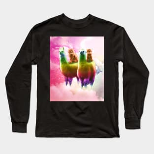 Kitty Cat Riding On Rainbow Llama In Space Long Sleeve T-Shirt